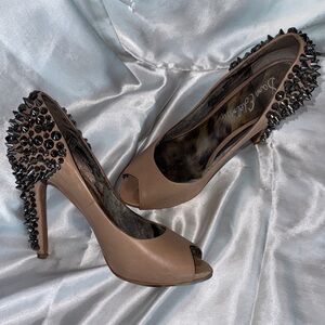Sam Edelman “Larissa” Nude Leather Spiked Peep-Toe Heels